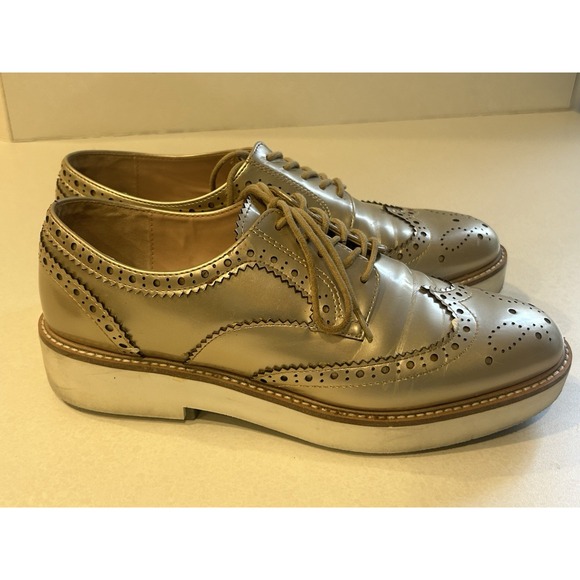 Zara Gold Metallic Wingtip Loafers Women's Size 9.5  Platform Preppy Boho Y2K - Picture 7 of 16
